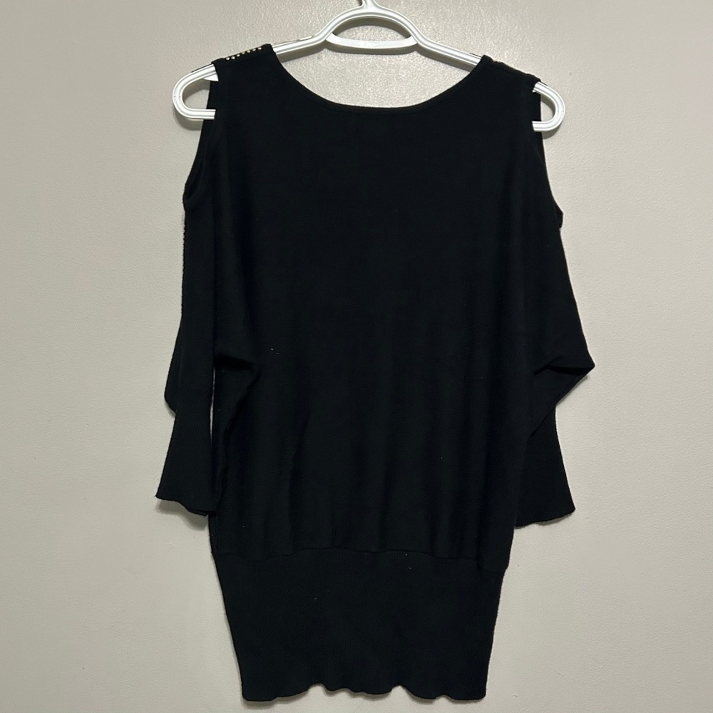 Questions Womens Sweater Blouse L Black Cold Shoulder Studded Top Batwing Sleeve